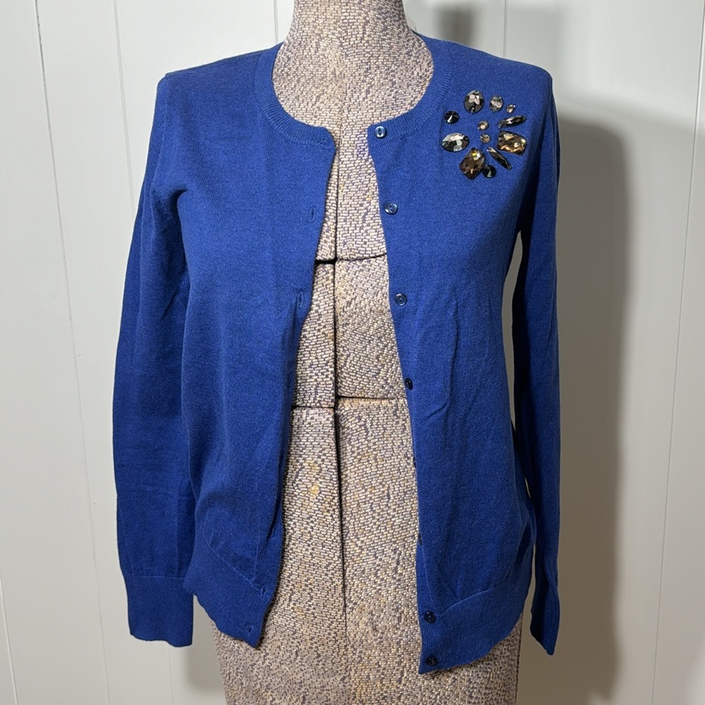 LOFT Outlet NWT Womens Small Blue Button Down Cardigan with Jewel Accents